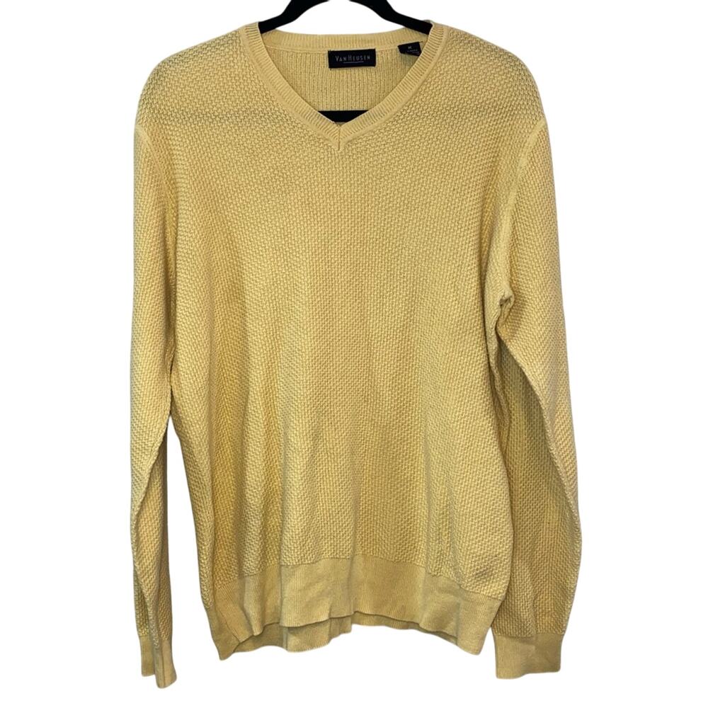Van Heusen Yellow Textured Knit Sweater Mens Medium V Neck Lightweight Classic